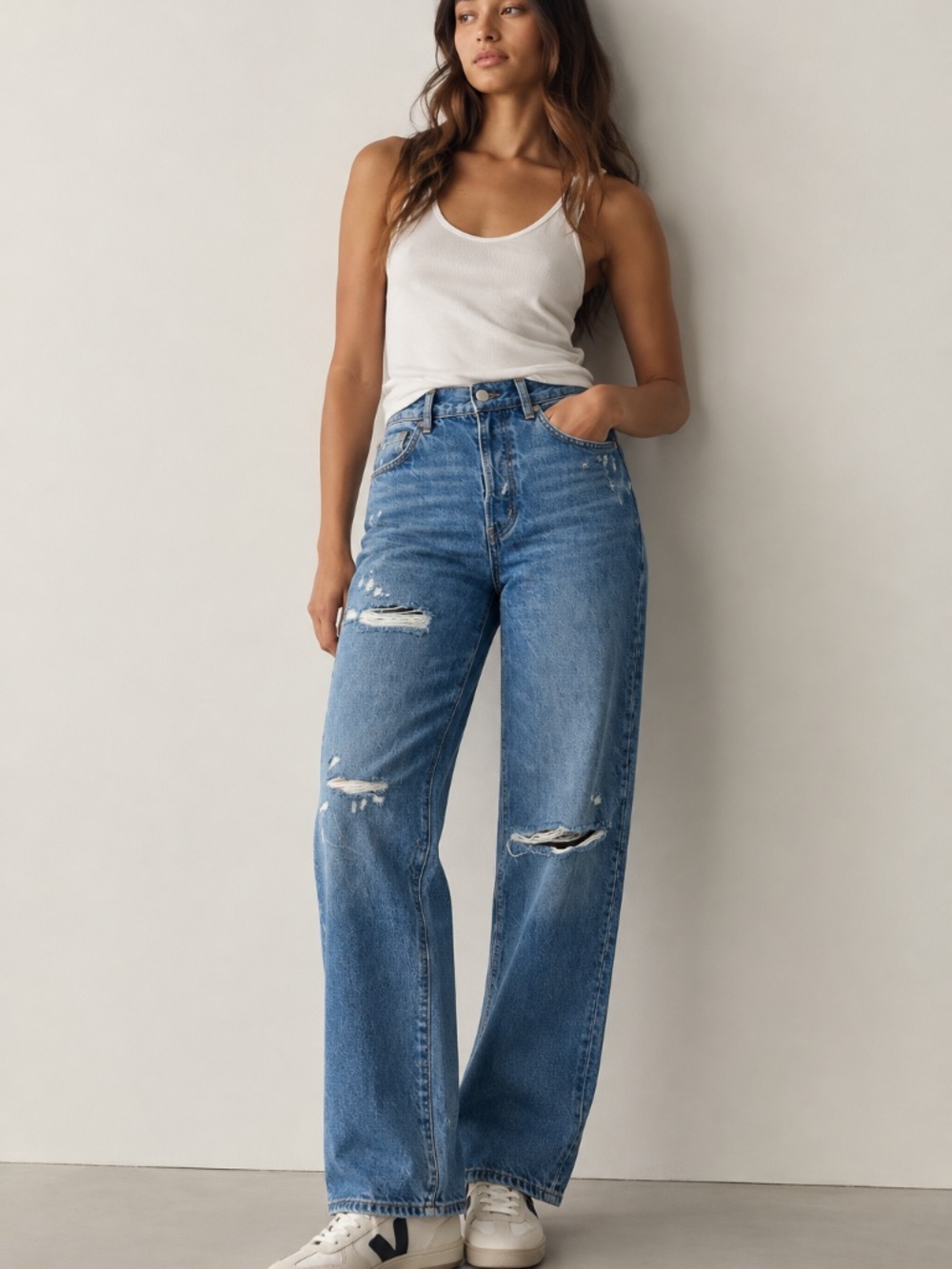 ZARA Distressed Ripped High Rise Straight Leg Jeans Blue Sz 36 US 4
